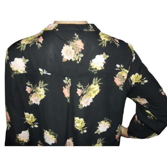 Rue21 Blouse Sz Medium black floral tunic zipper v-neck Pockets roll tab sleeve - Picture 9 of 11